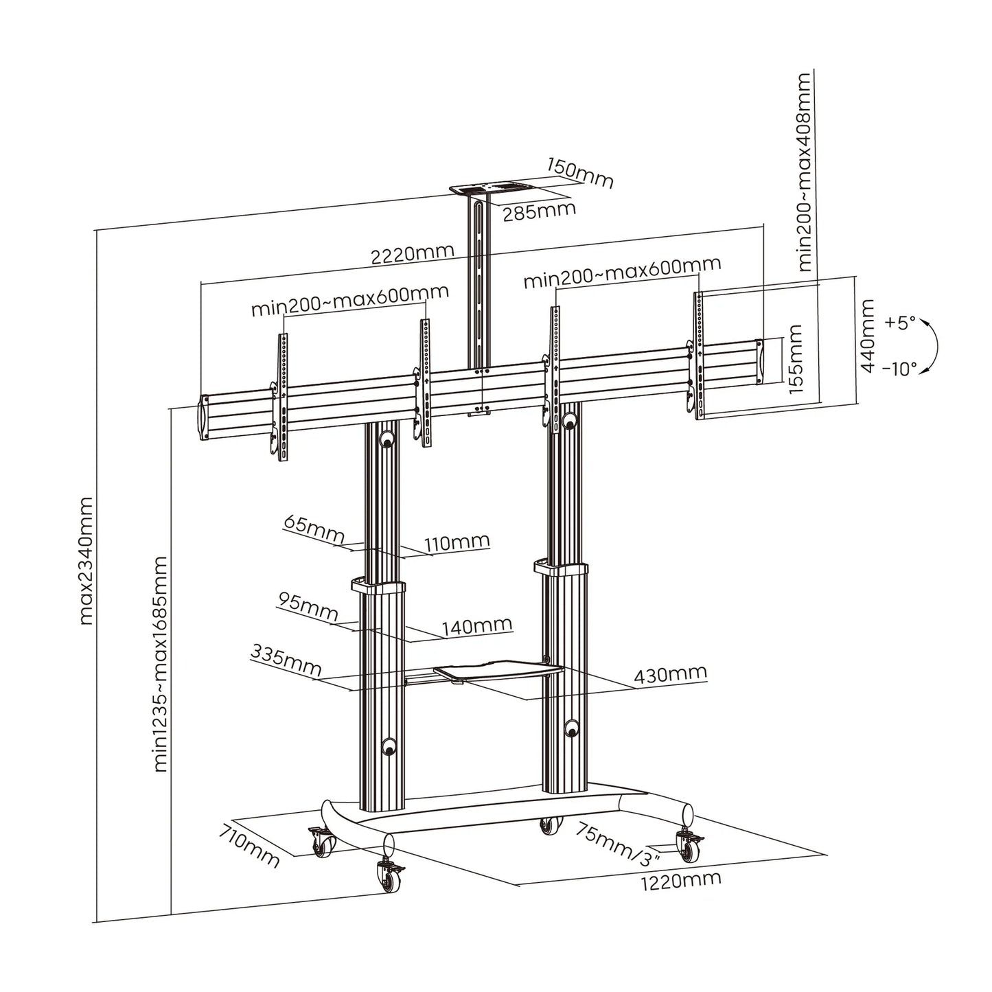 Dual Screen Alum Height Adjustable TV Stand for 37″-60″