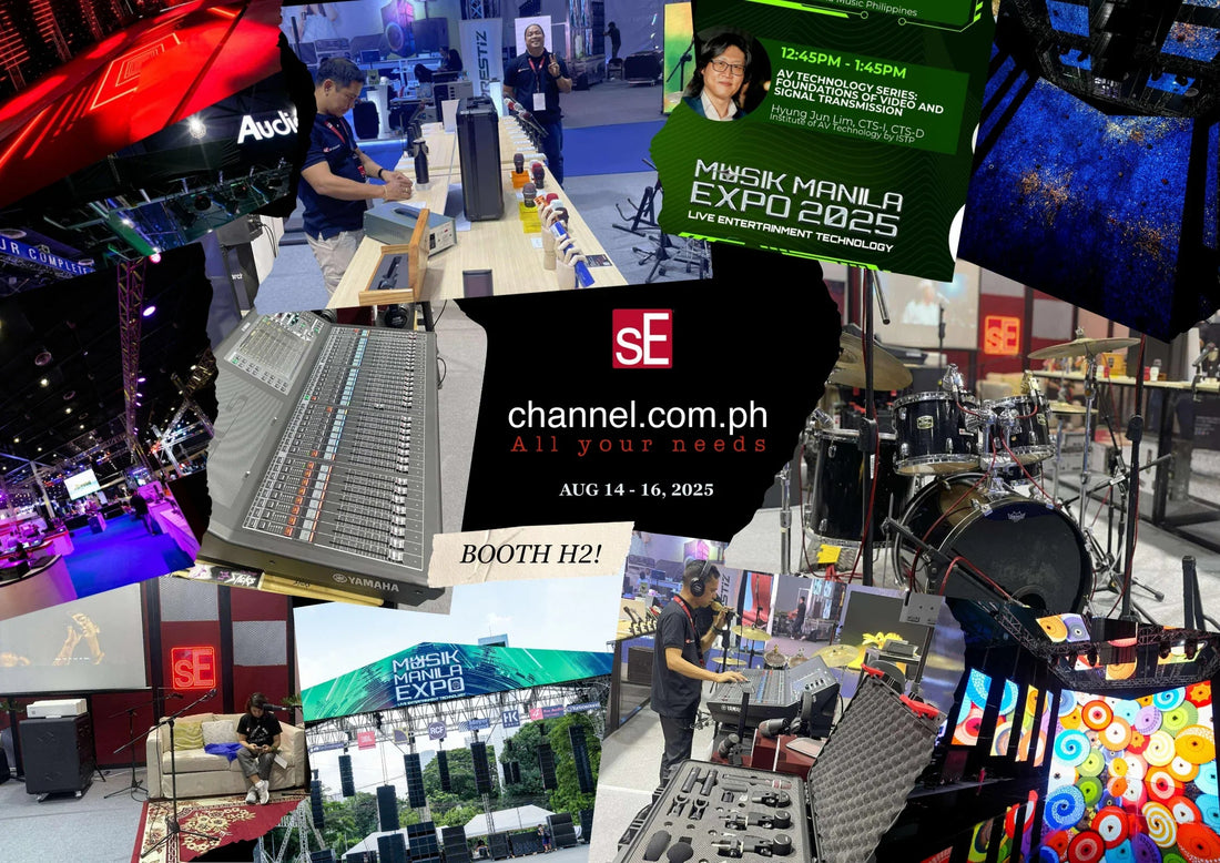 Collage of Musik Manila Expo 2025 event with audio equipment, drum set, sound mixing console, and live tech displays