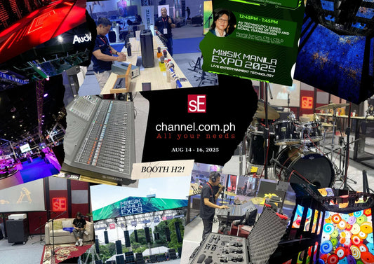 Collage of Musik Manila Expo 2025 event with audio equipment, drum set, sound mixing console, and live tech displays