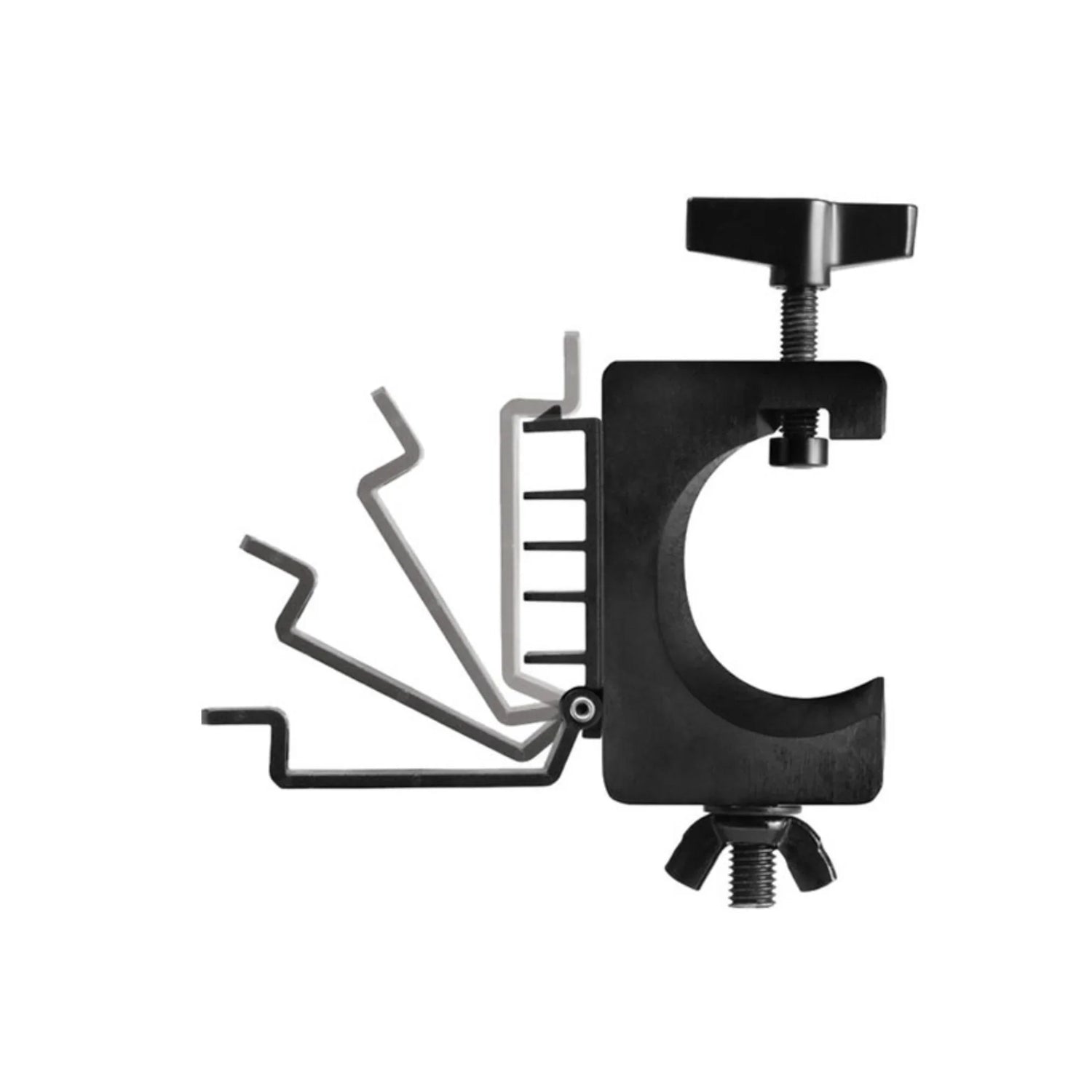 Black metal clamp tool with adjustable screw and rotating L-shaped hooks