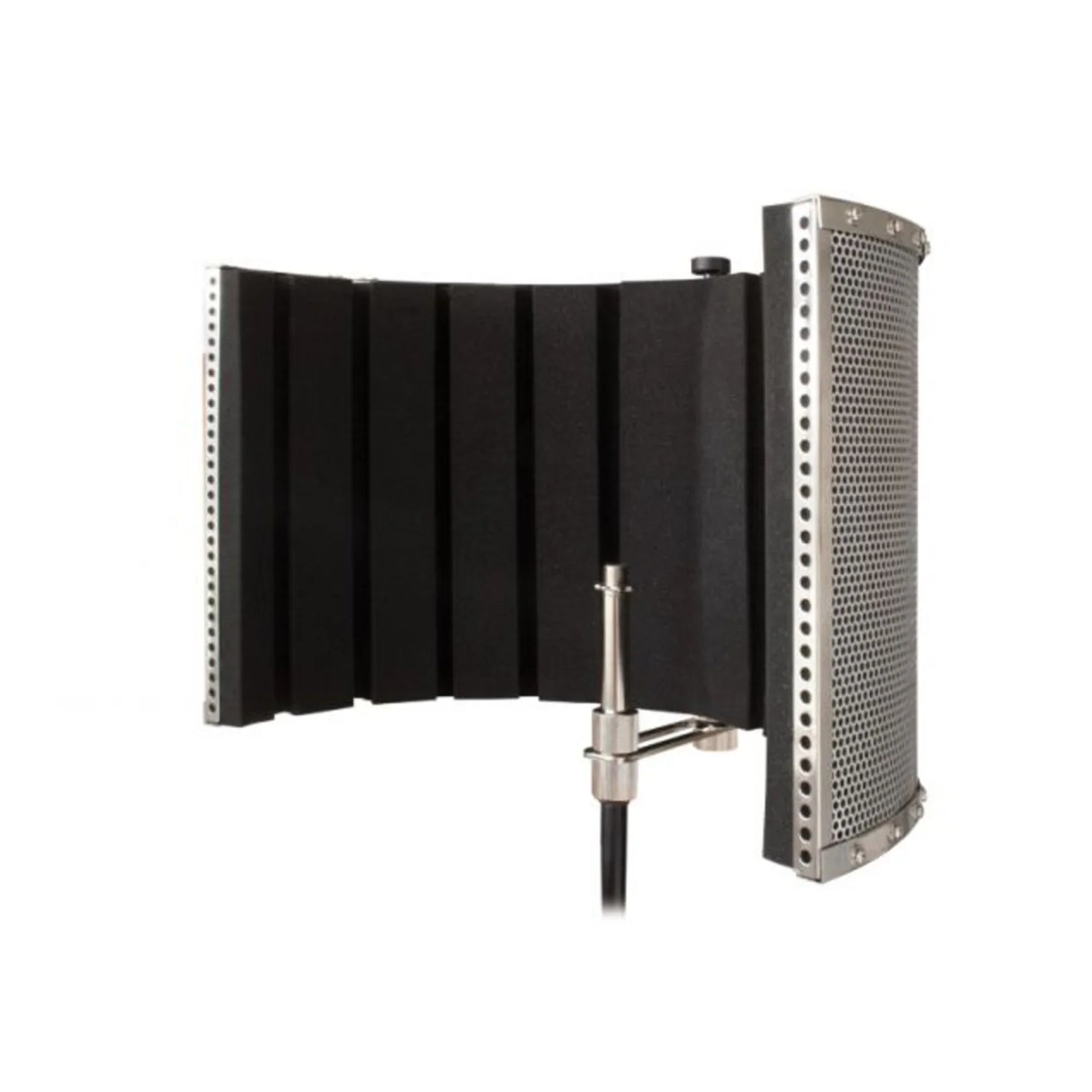 Black curved acoustic microphone isolation shield with metal frame and mounting bracket
