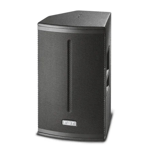 Black FBT brand active speaker with metal grille on white background