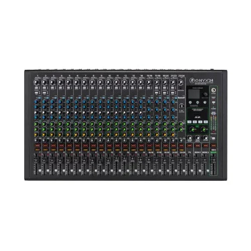 Behringer ONYX24 analog audio mixer with 24 channels, multiple control knobs, faders, and input options