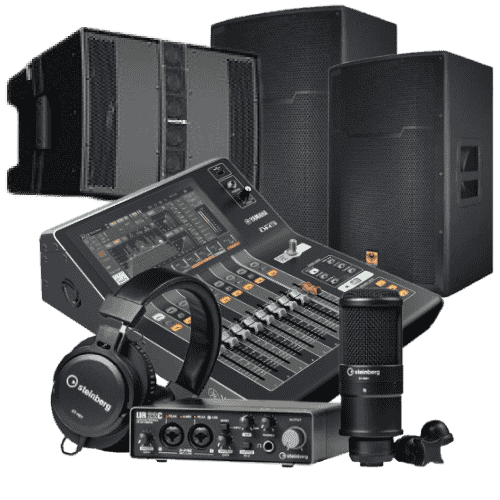 Steinberg audio equipment set including mixer, headphones, speakers, microphone, and audio interface