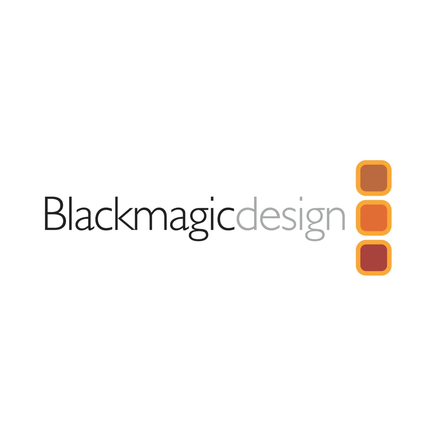 Blackmagic Design logo with stylized text and three orange squares on white background