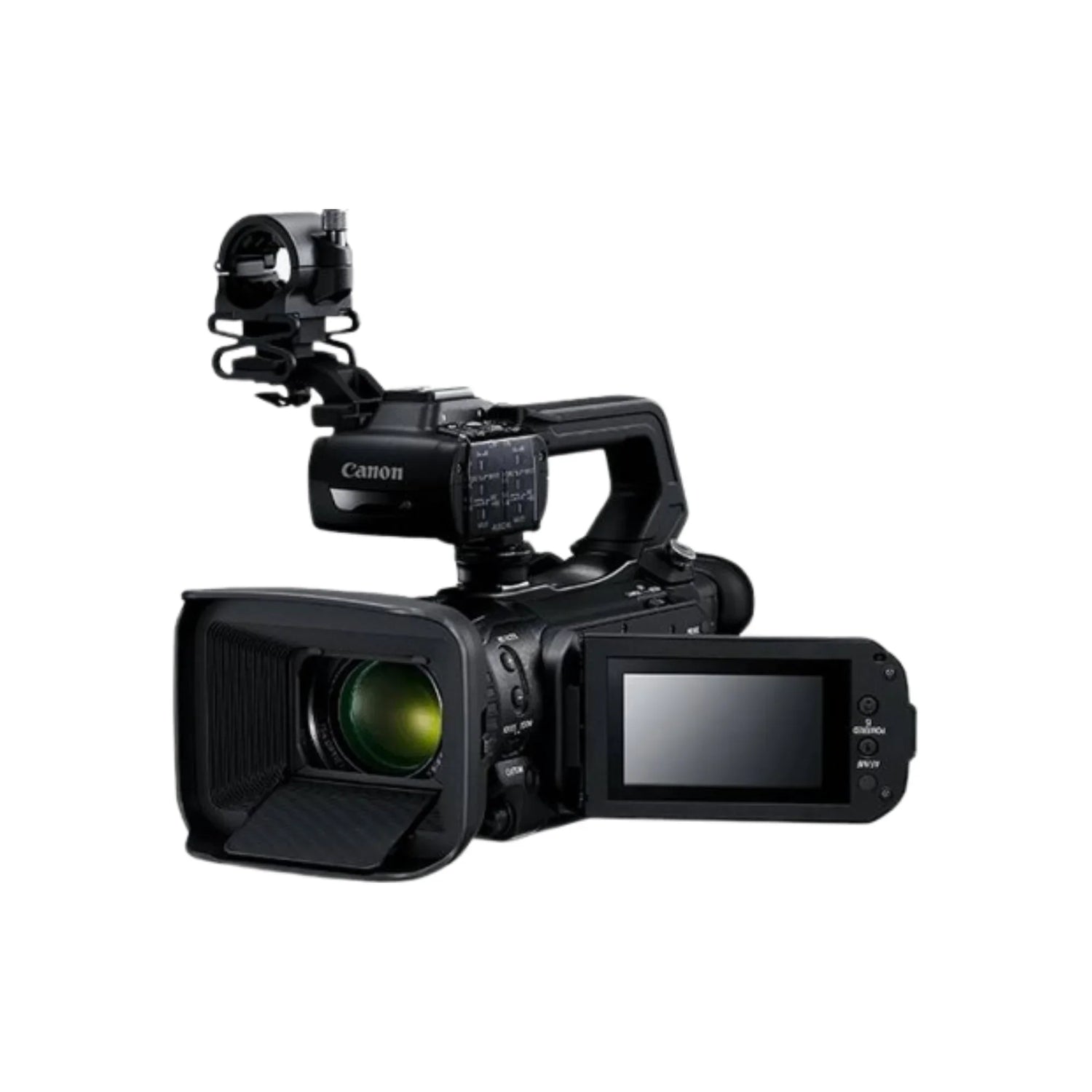 Black Canon professional video camcorder with flip-out LCD screen and top handle microphone mount