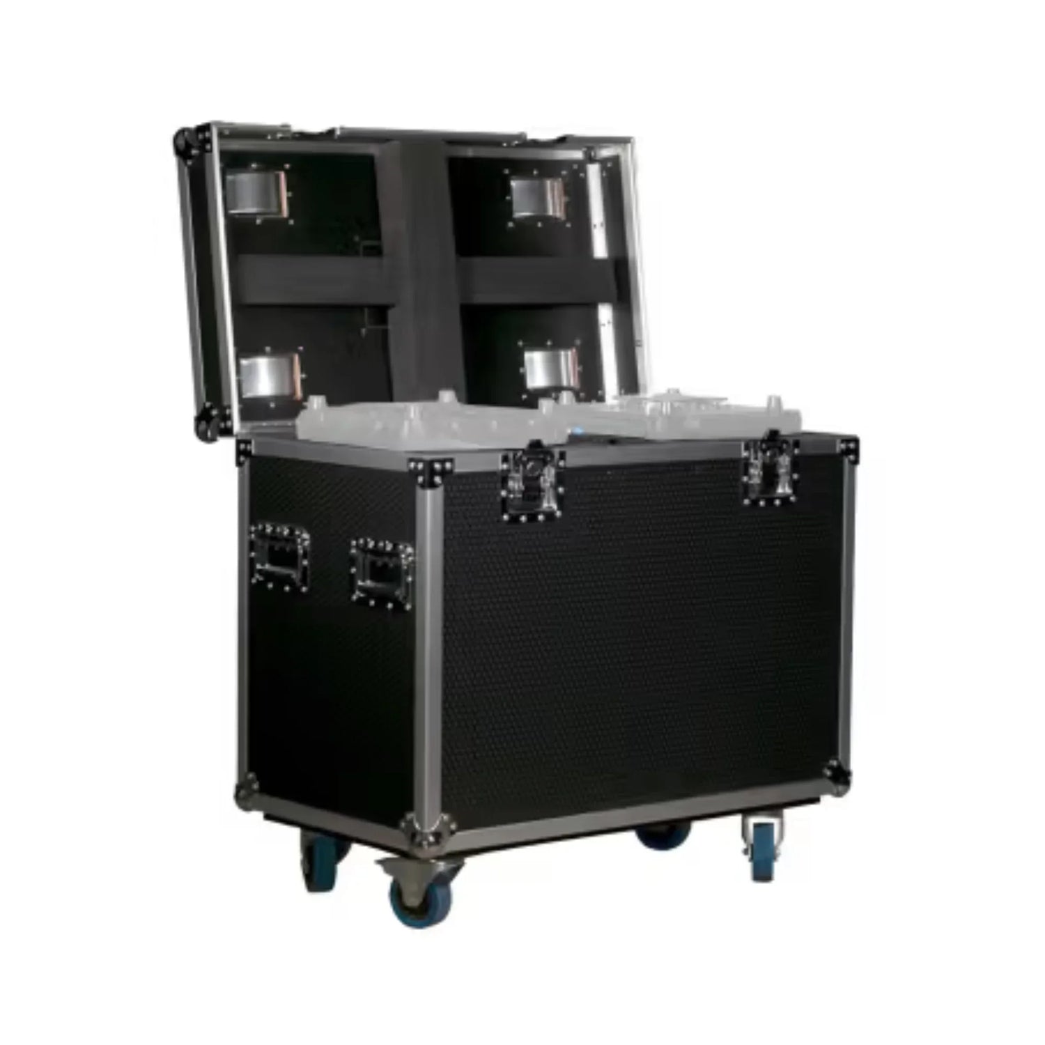 Black heavy-duty flight case with open lid, metal reinforcements, handles, and caster wheels