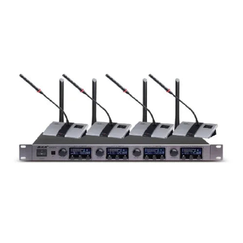 Professional rack-mounted wireless conference microphone system with five gooseneck microphones