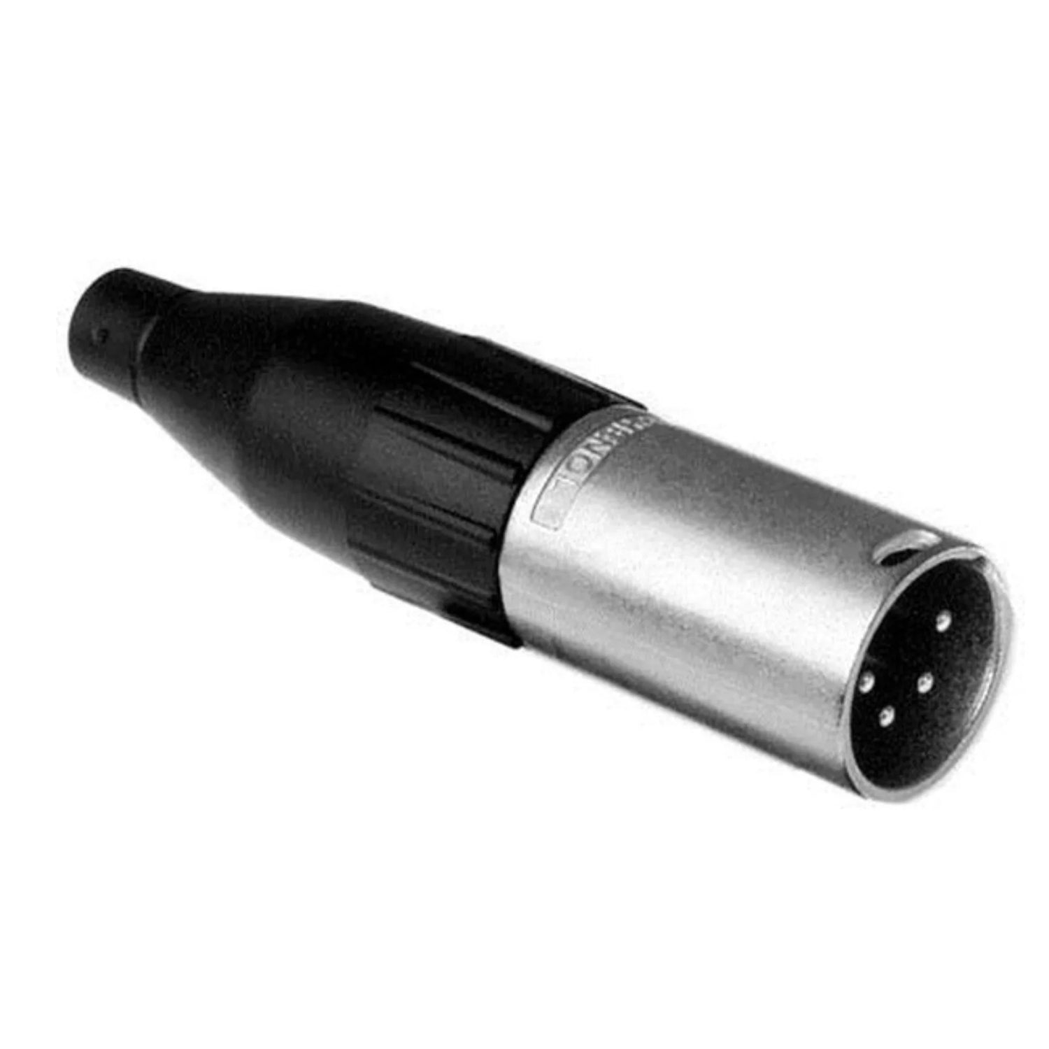 Close-up of a male XLR audio connector with silver metal body and black plastic grip