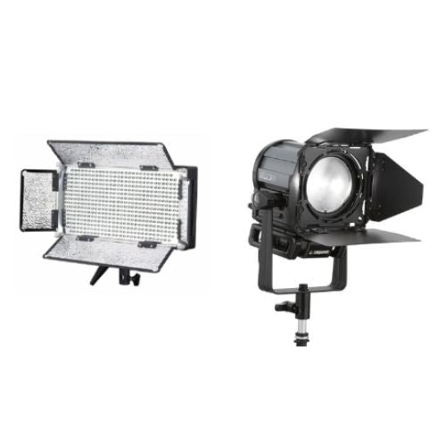 Studio LED light panel with adjustable reflective barn doors and black mounting bracket on white background