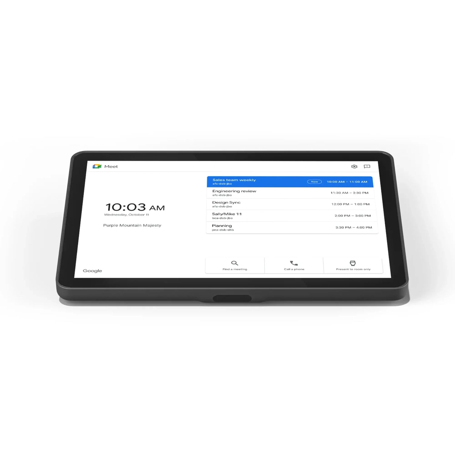Google Meet room controller touchscreen displaying daily meeting schedule and time