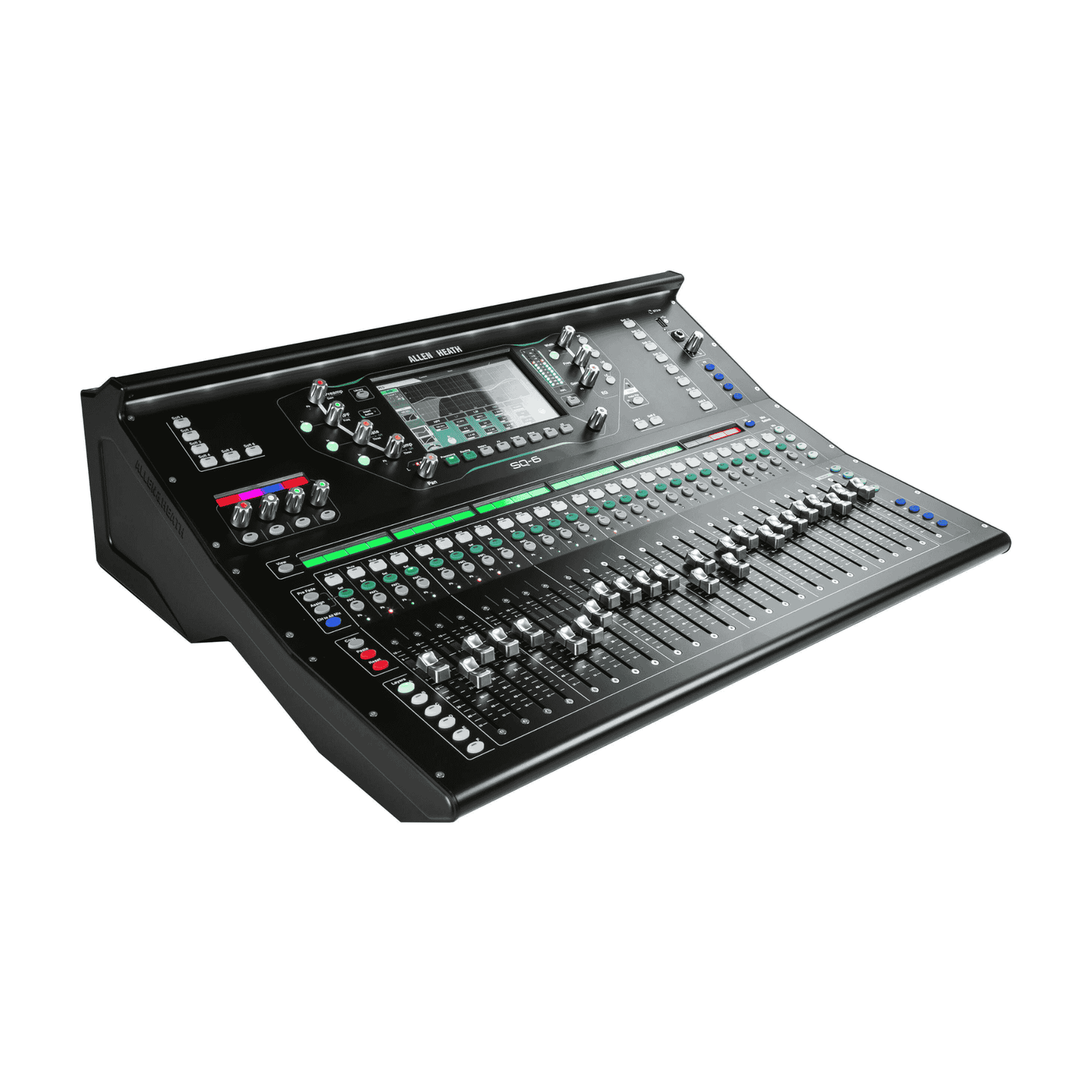 Allen & Heath SQ-6 digital mixer with touchscreen, multiple faders, and control knobs