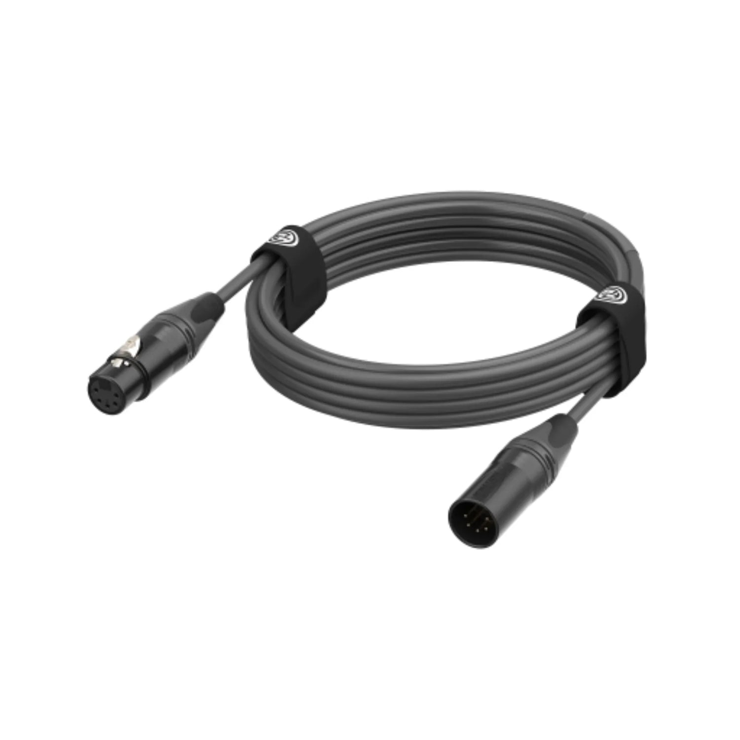 Black coiled 3-pin male to female DMX cable with secure cable ties