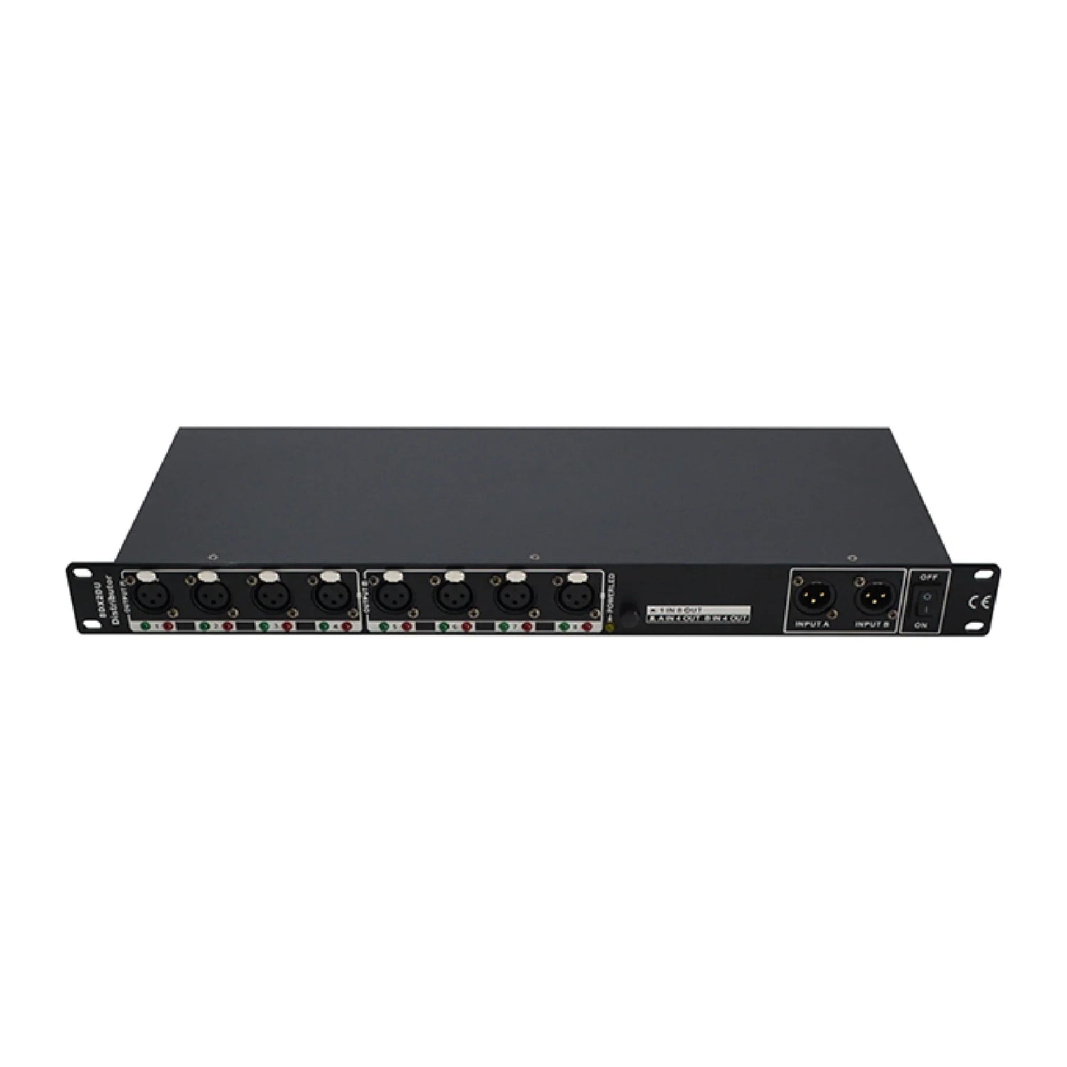 Black rackmount DMX distributor with multiple XLR input and output connectors and power switch