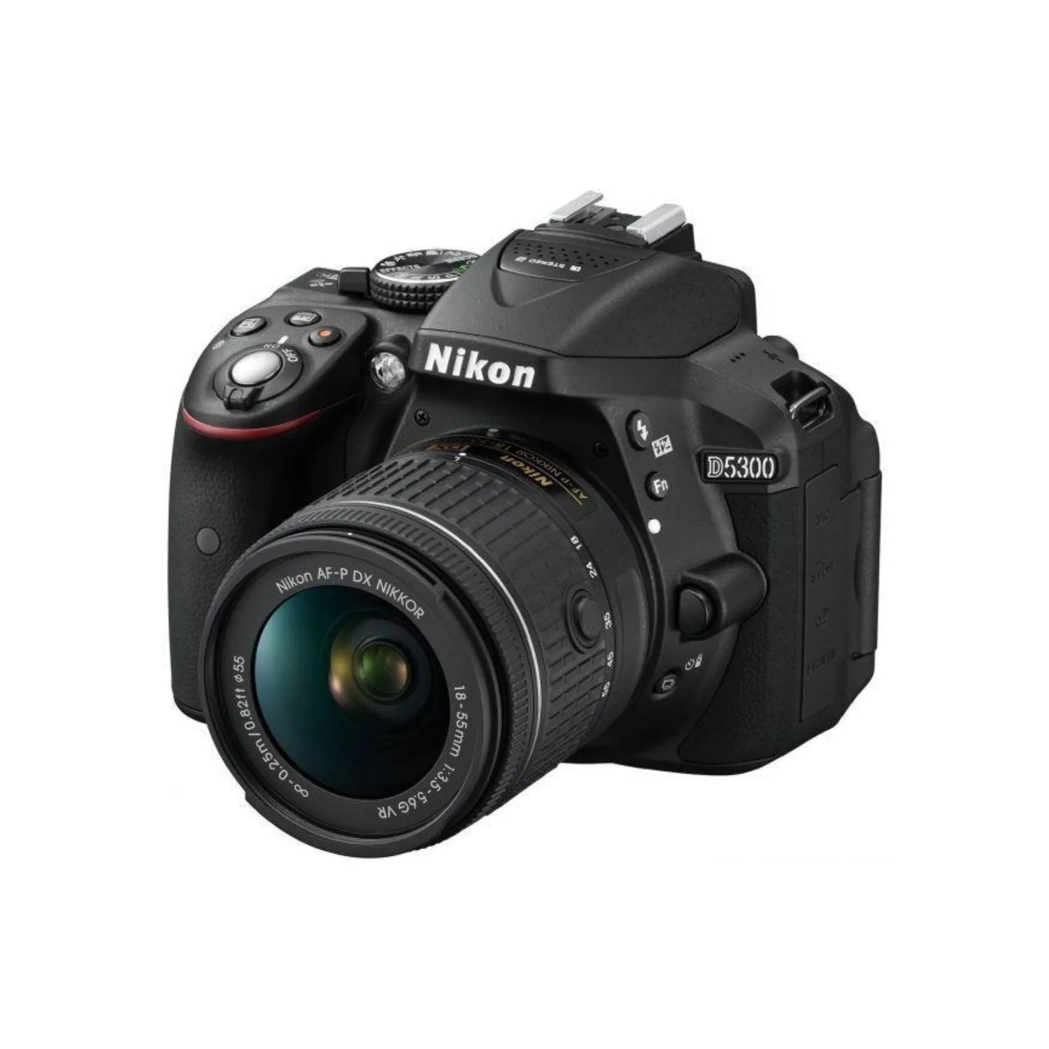 Nikon D5300 DSLR camera with 18-55mm AF-P DX Nikkor lens on white background