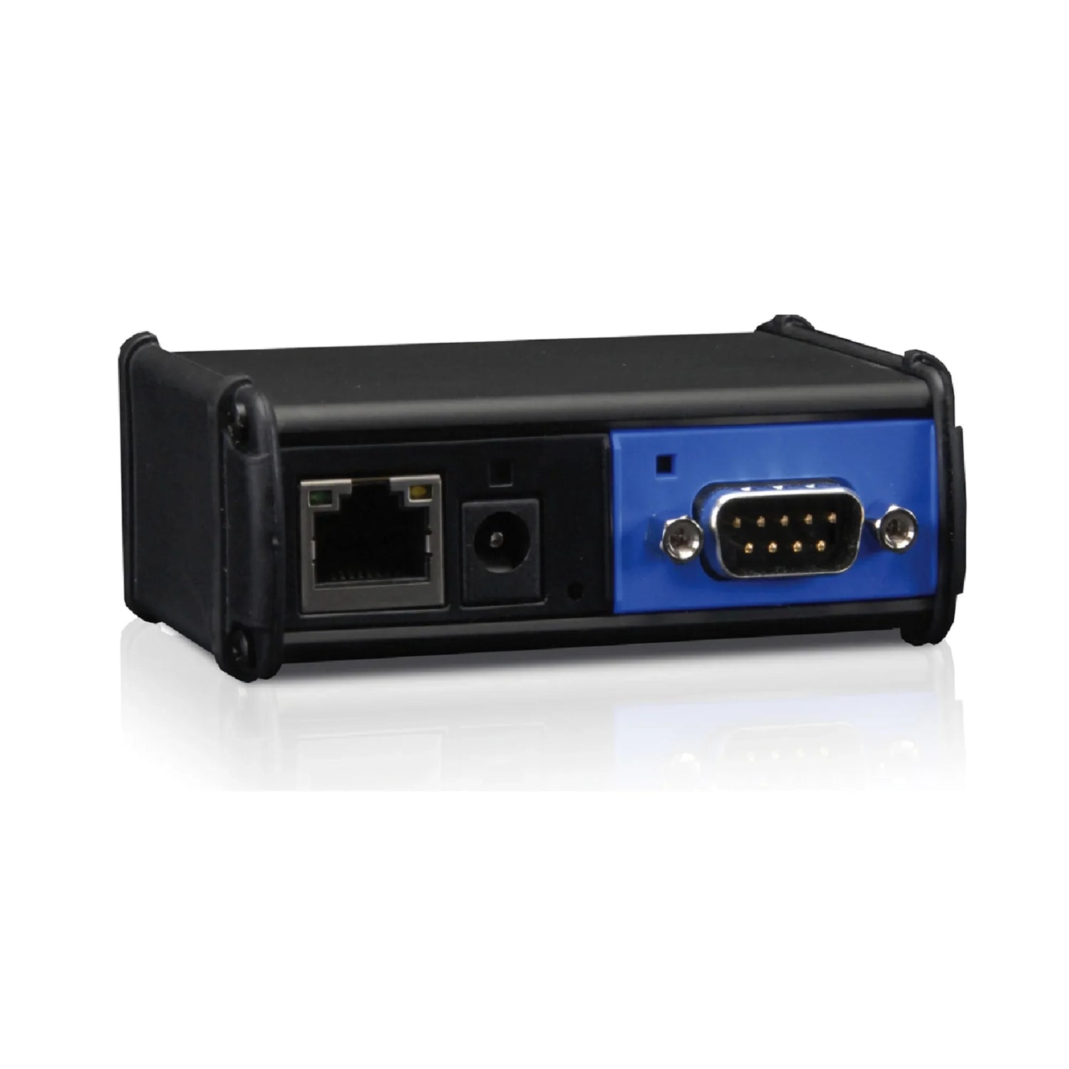 Black expansion box device with Ethernet, power, and serial ports on white background