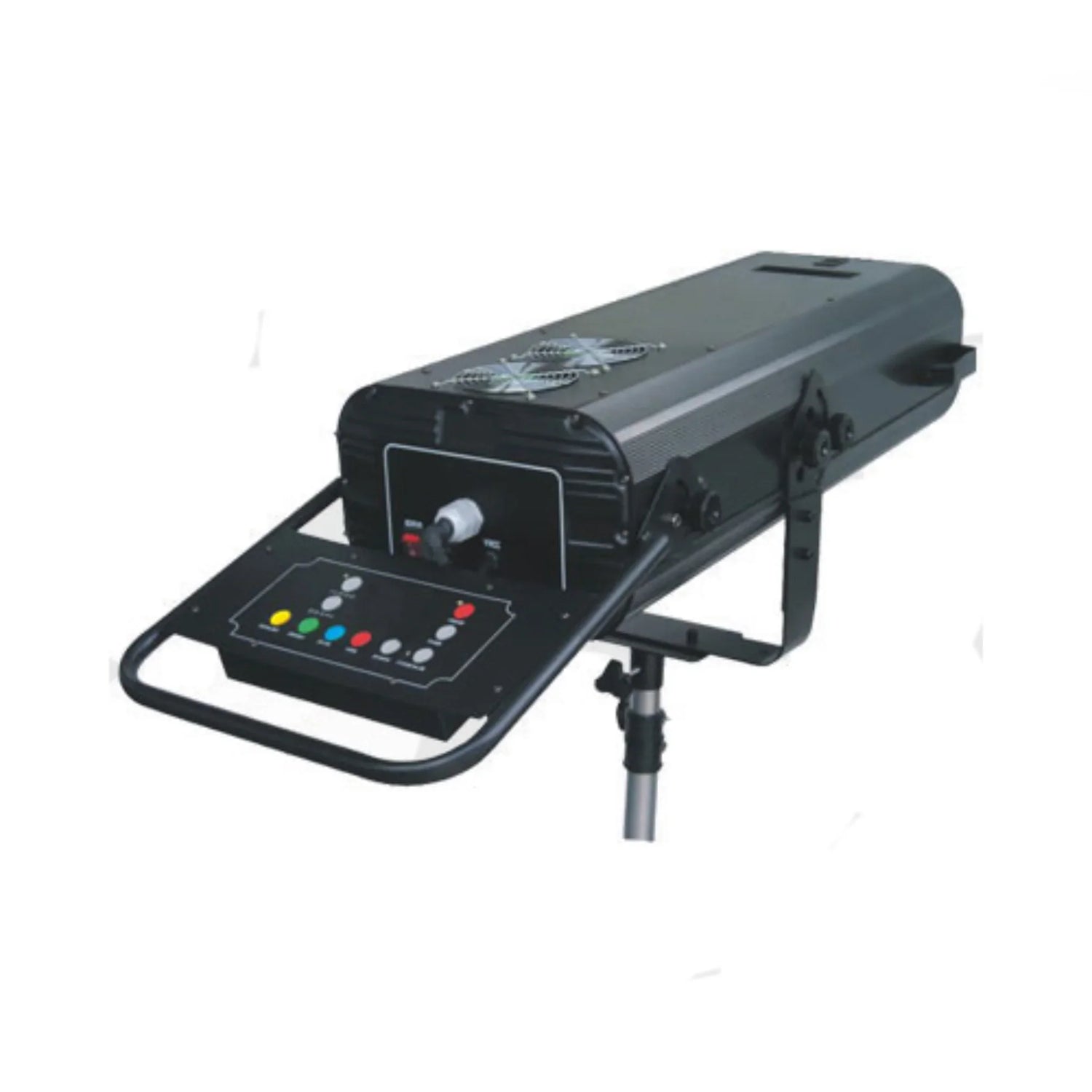 Black professional follow spot stage light with control panel and mounting stand