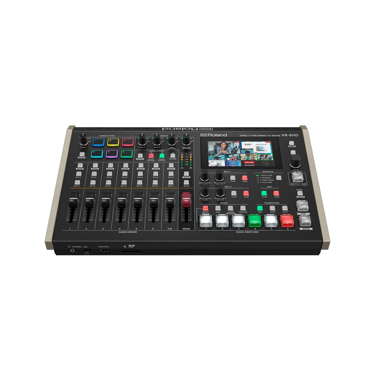 Roland VR-6HD direct streaming AV mixer with audio faders, colorful buttons, and built-in display screen