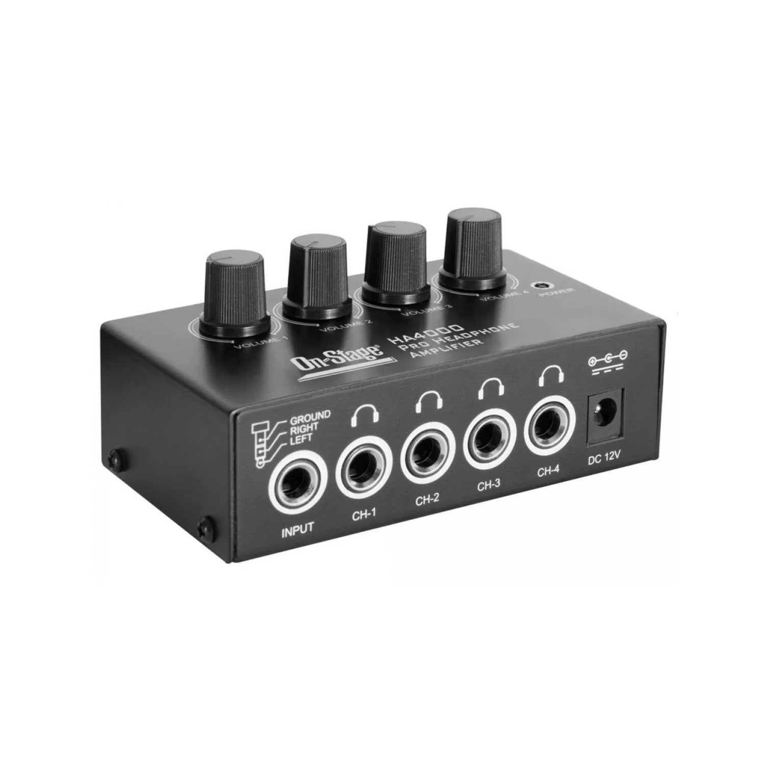 On-Stage HA4000 pro headphone amplifier with four volume controls and multiple input/output jacks