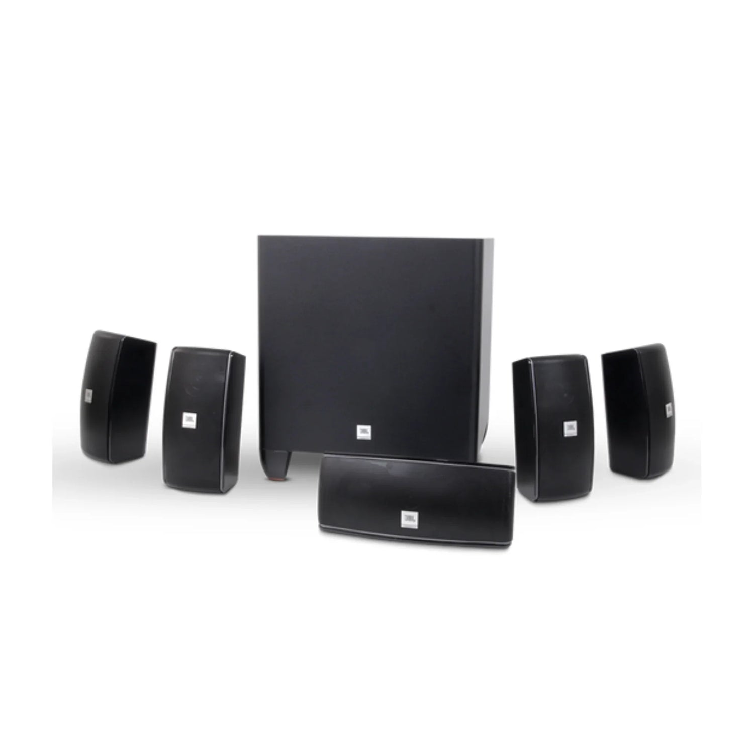 JBL black 5.1 channel home theater speaker system with one subwoofer and five satellite speakers