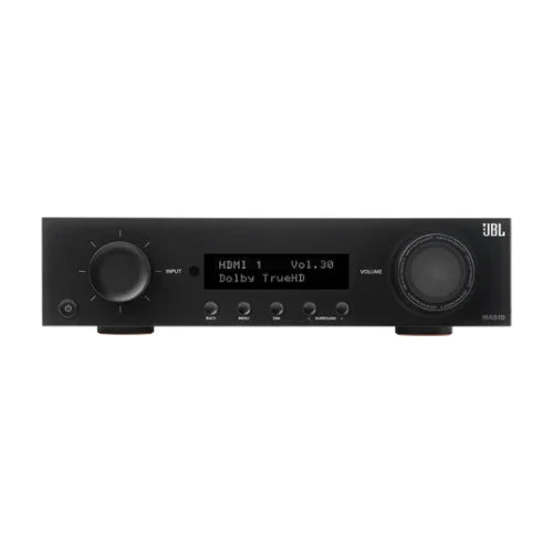 JBL Hi-Fi AV receiver with black front panel, display showing HDMI 1, volume 30, Dolby TrueHD