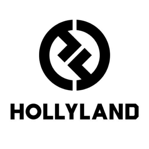Black Hollyland logo with geometric circular icon and bold text on white background