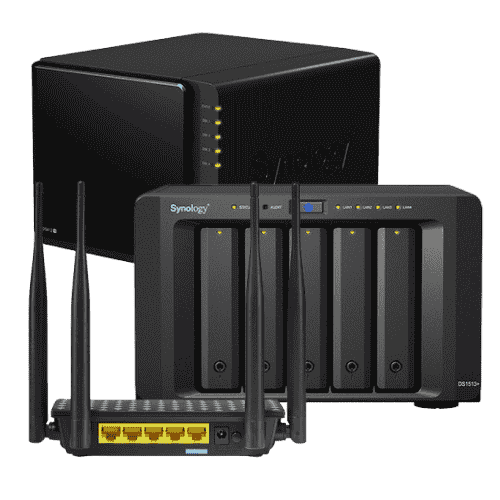 Synology black network attached storage (NAS) devices with multiple drive bays and antennas for IT solutions