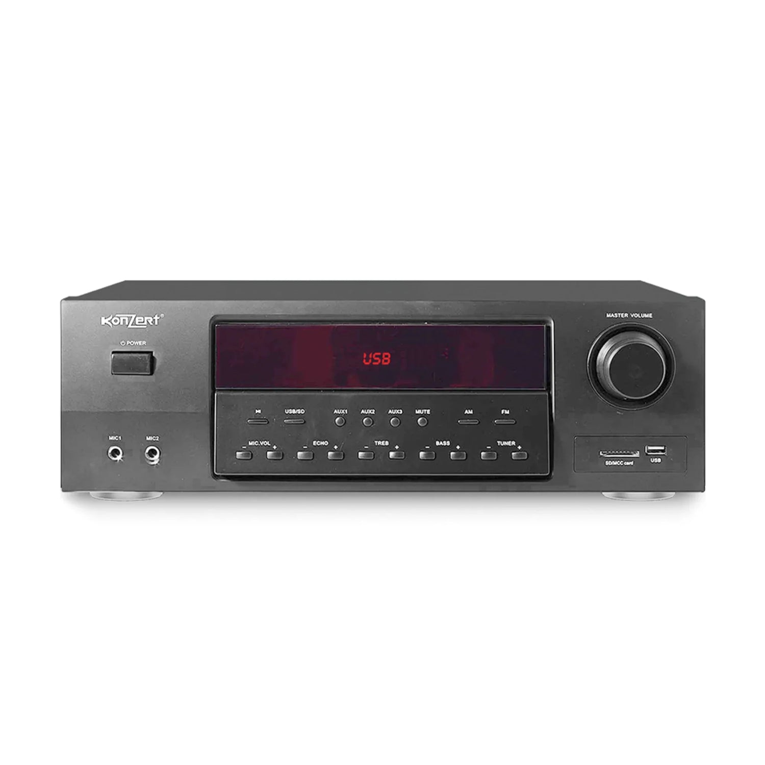 Black Konzert karaoke amplifier with USB input, microphone ports, master volume knob, and control buttons