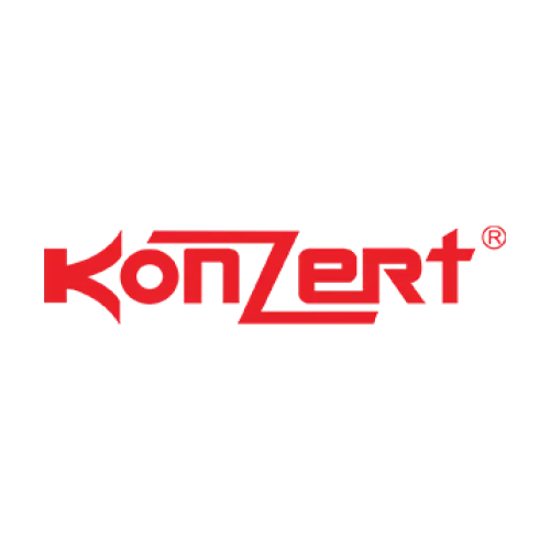 Red KONZERT logo with stylized text and registered trademark symbol on black background