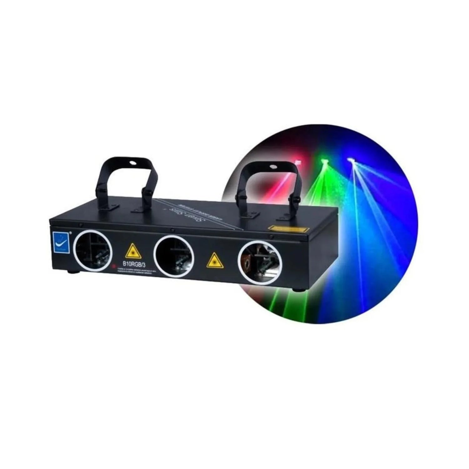 Black laser light projector with RGB beams creating colorful red, green, and blue light effects