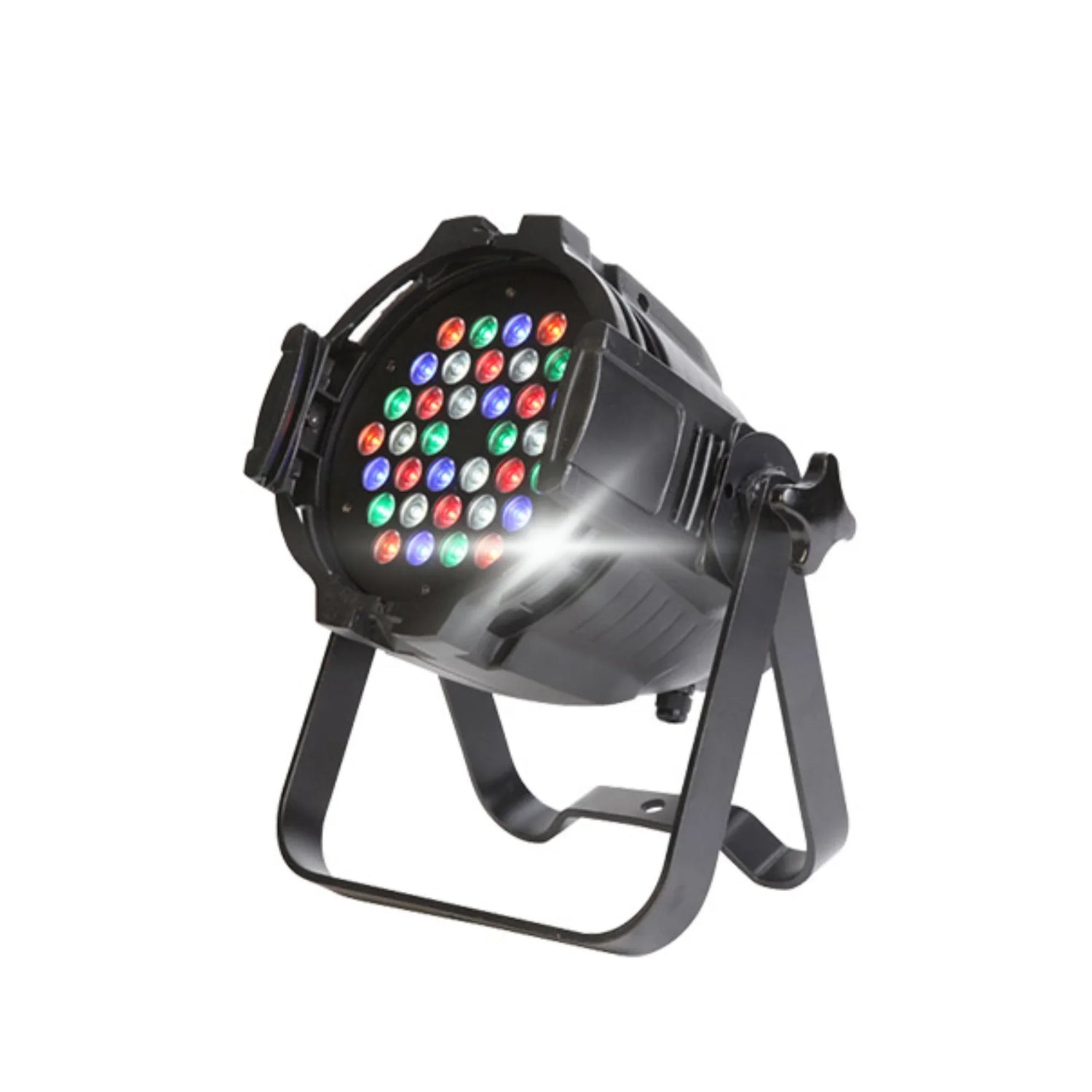 Black stage LED par light with multiple red, green, blue, and white LEDs on adjustable stand
