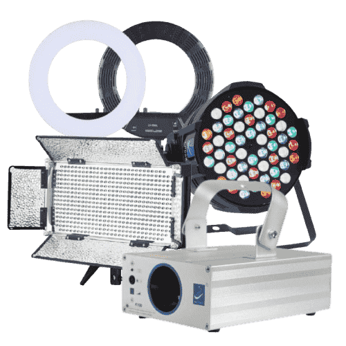 Professional studio lighting equipment including LED panel, ring light, RGB stage light, and projector