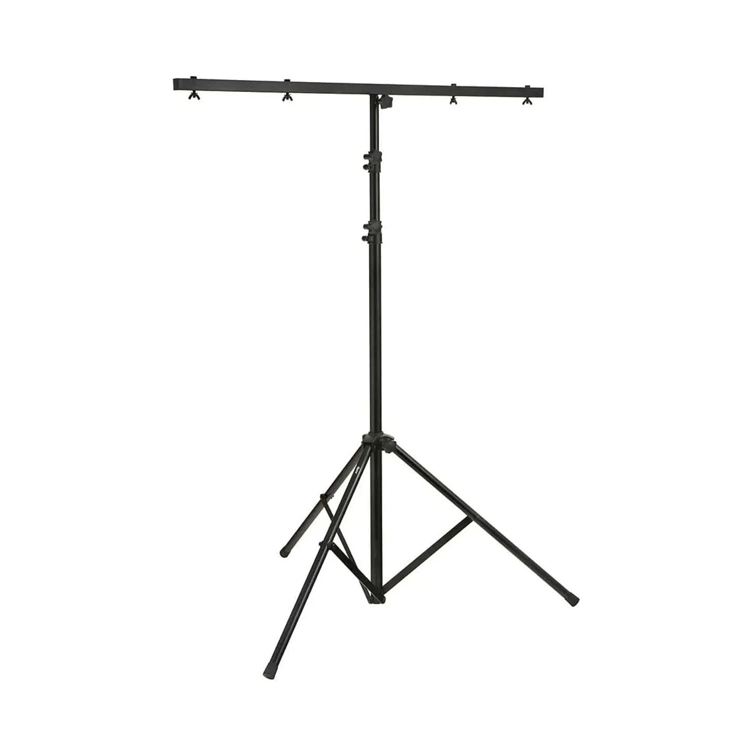 Black adjustable photography light stand with a horizontal bar and tripod base on white background