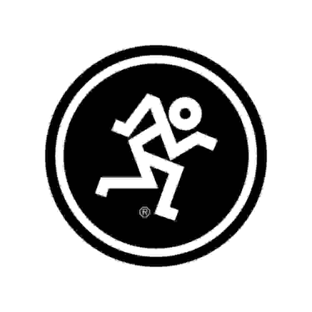 Mackie logo featuring a stylized white running figure inside a black circle with double white border
