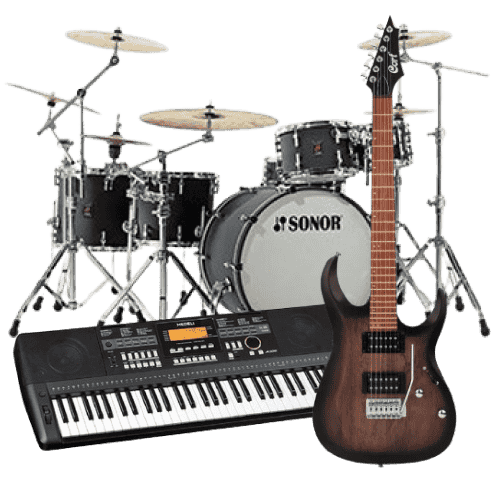 Electric guitar, electronic keyboard, and Sonor drum set with cymbals on white background
