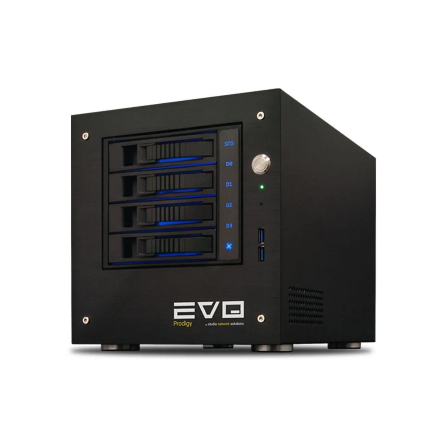 Black EVO Prodigy network attached storage NAS device with four drive bays and USB ports