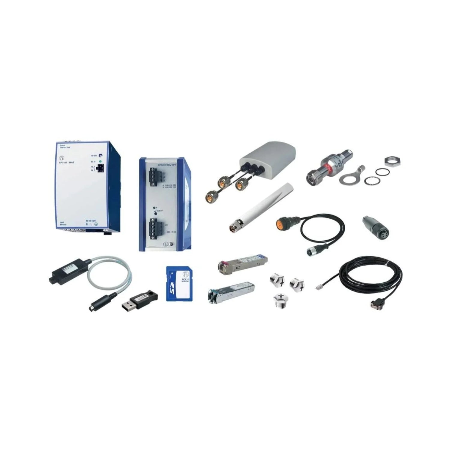 Various network accessories including power supplies, connectors, antennas, cables, adapters, and modules on white background