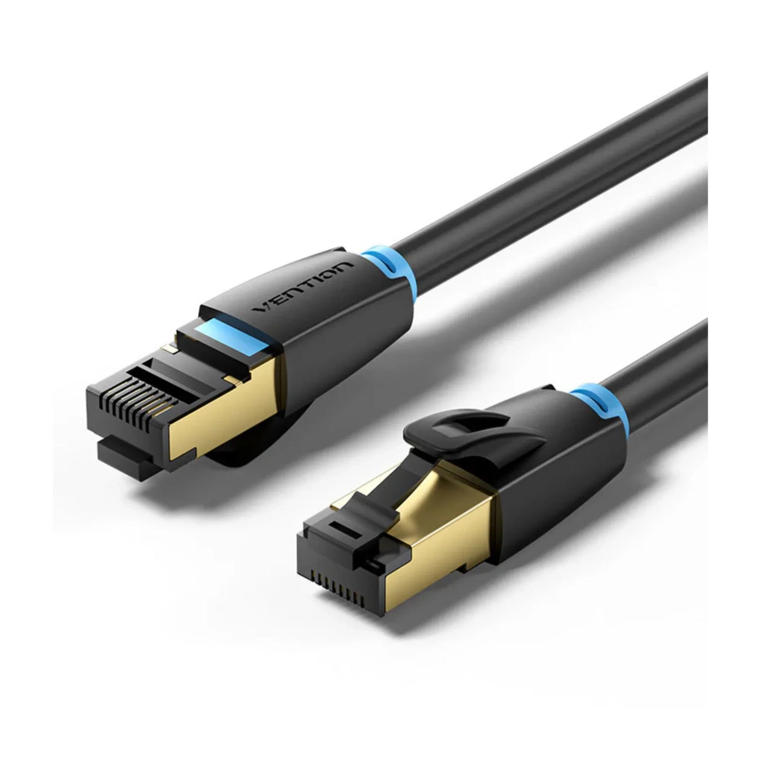 Close-up of black Vention Ethernet network cable with gold-plated RJ45 connectors and blue accents