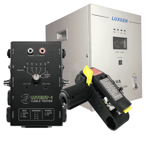 Luxgen power regulator with MTEST-1 cable tester and black cable stripper tool