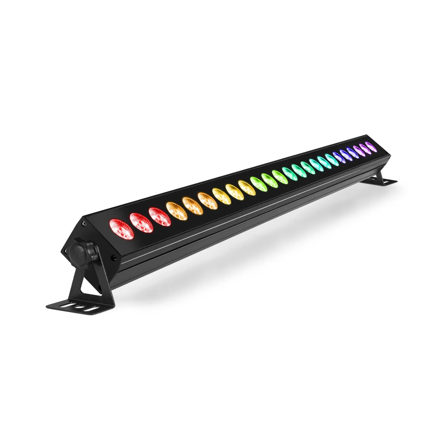 Black LED wall washer light bar with rainbow-colored LEDs for stage and event lighting