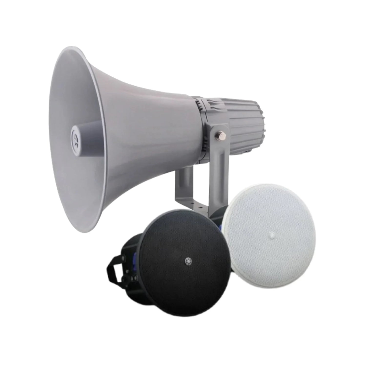 Gray horn speaker with black and white round ceiling speakers for PA system