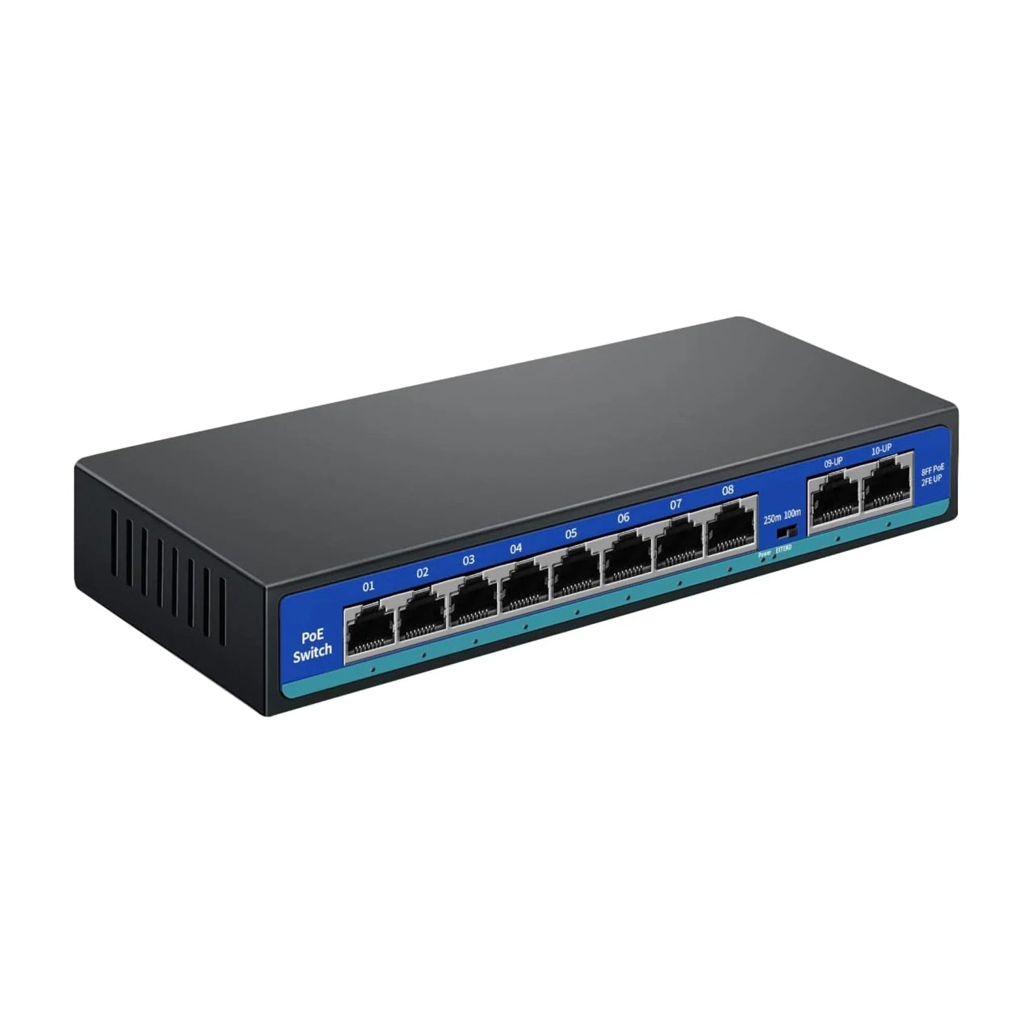 Black PoE Ethernet switch with 10 ports, blue front panel and labeled ports on white background