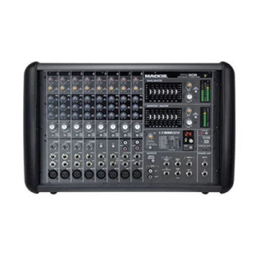 Mackie powered audio mixer with multiple input channels, EQ sliders, and LED level meters