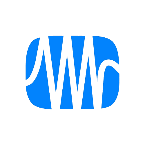 Blue abstract logo with stylized letters forming a symmetrical design on gray background