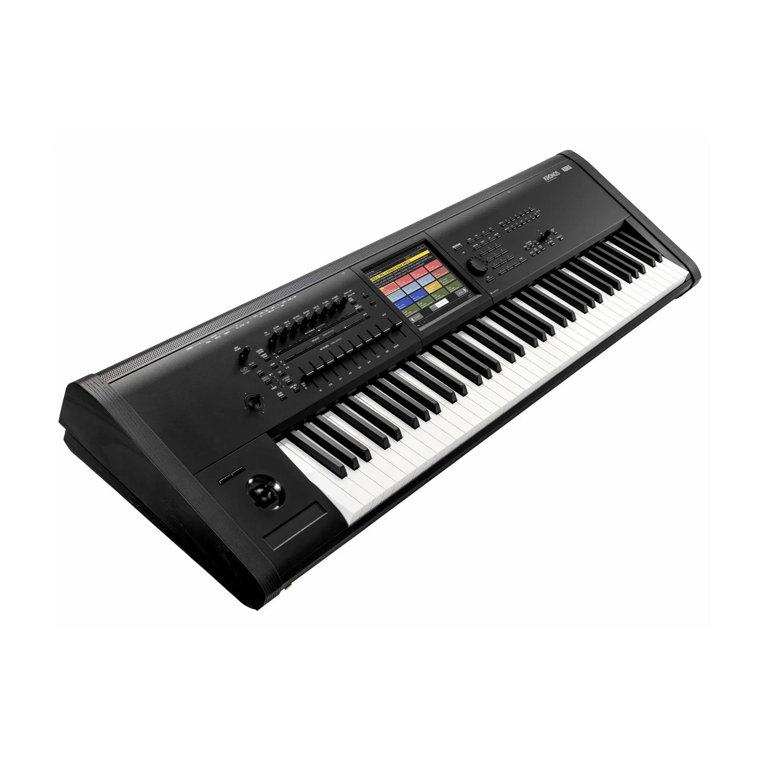 Professional black electronic keyboard with colorful touchscreen and multiple control knobs on white background