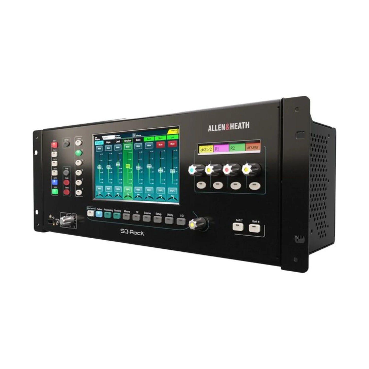 Allen & Heath SQ-Rack digital audio mixer with touchscreen, knobs, and control buttons in black rackmount design