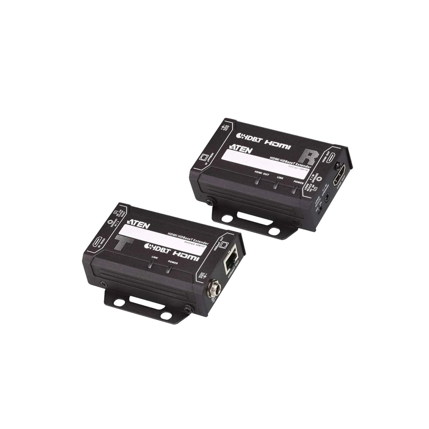 Black HDMI HDBaseT extender devices with ATEN branding and multiple ports for video signal transmission