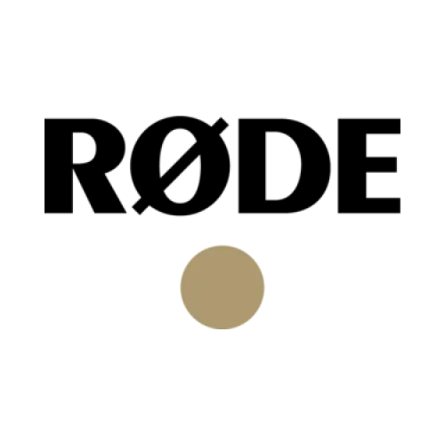 RODE logo featuring a beige circle and bold black lettering on transparent background
