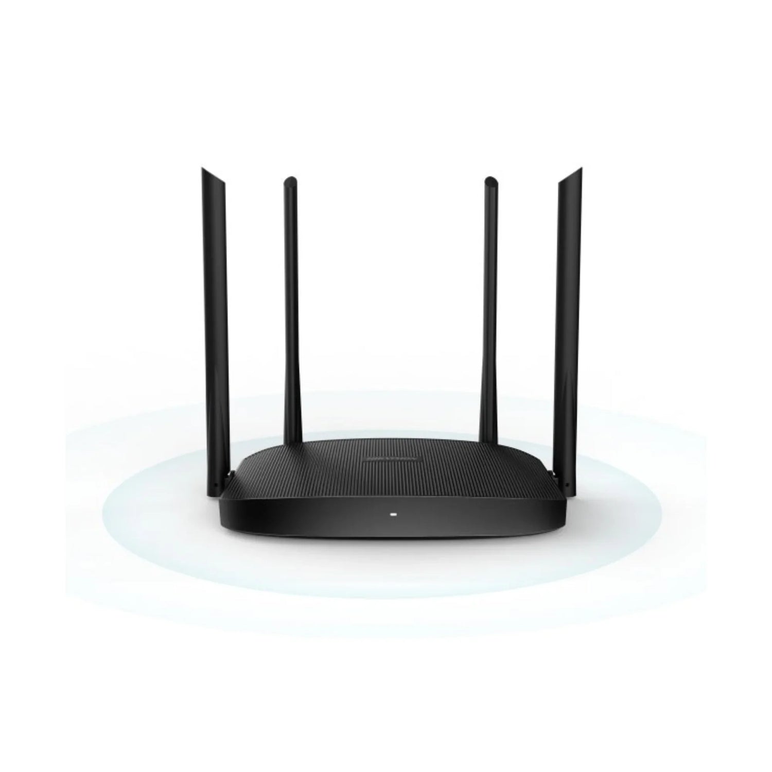 Black wireless router with four antennas emitting signal waves on a white background
