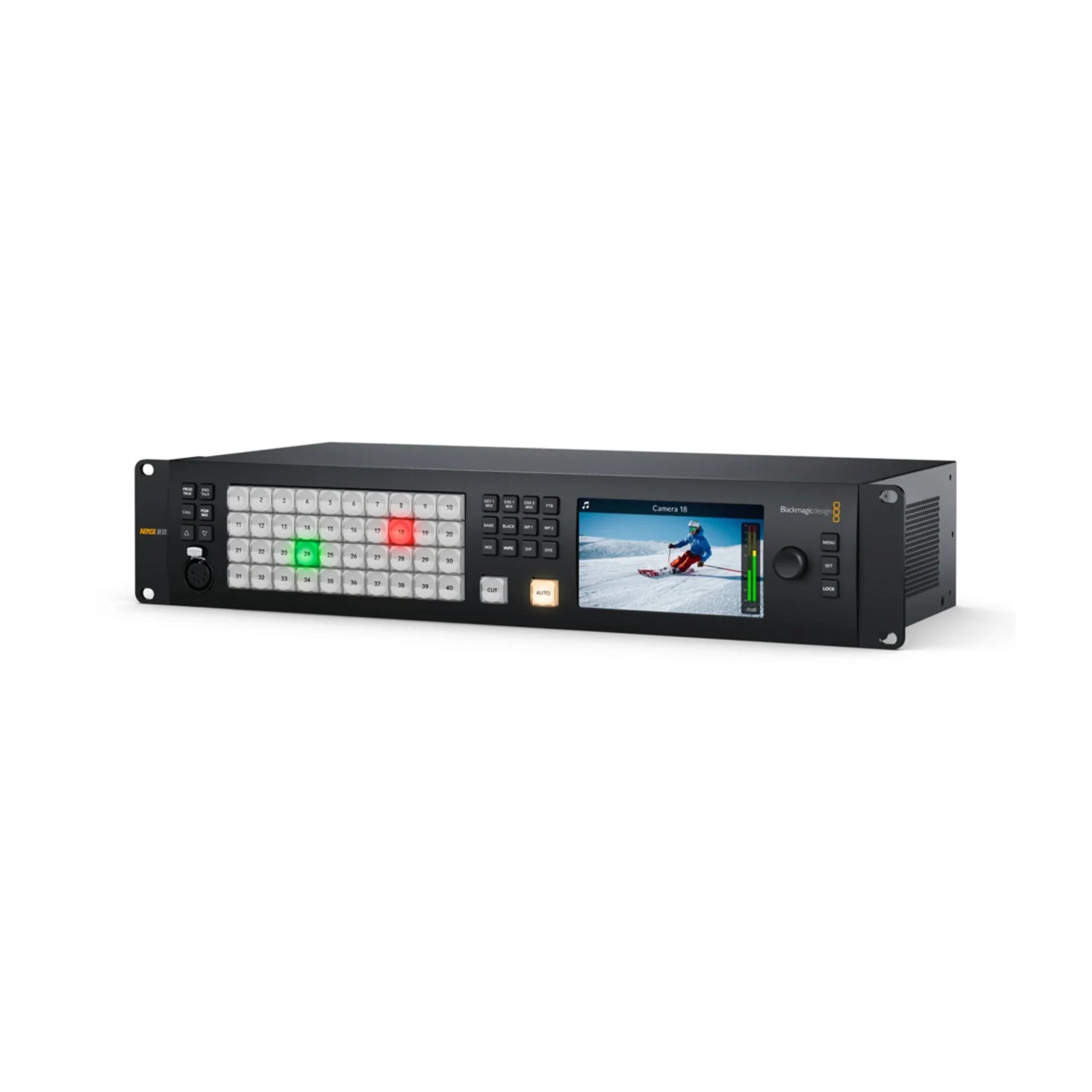 Blackmagic Design ATEM Video Switcher with multiview screen showing skiing footage and illuminated control buttons
